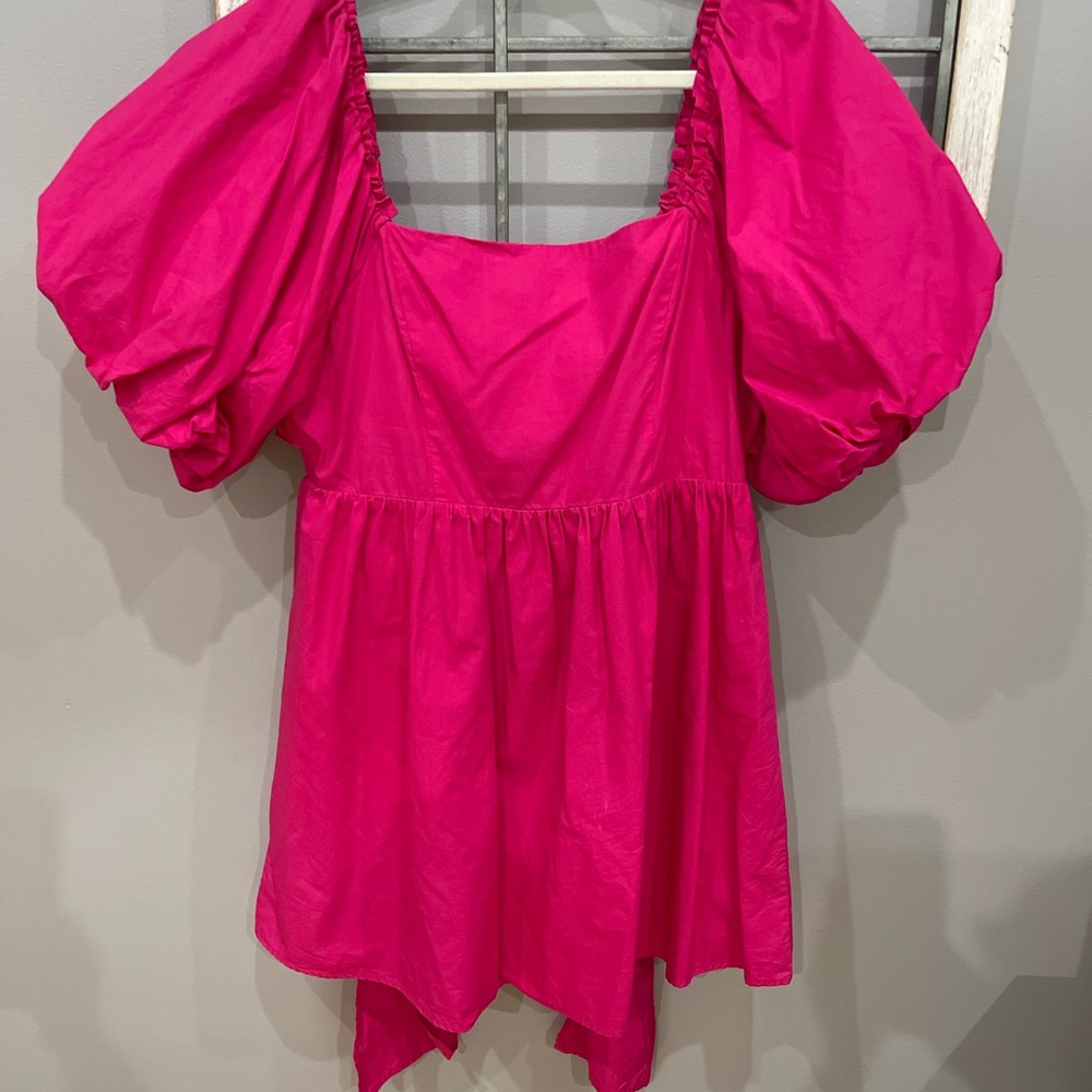 Women's Puff Sleeve Hot Pink Square Neck dress